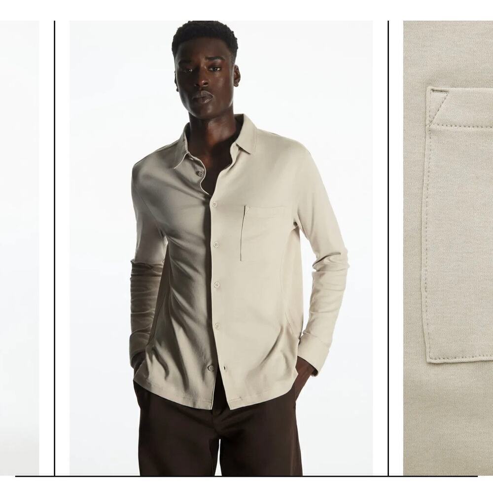 COS Long Sleeve Shirt Mens L 100% Cotton Beige Minimalist Regular Fit Neutral